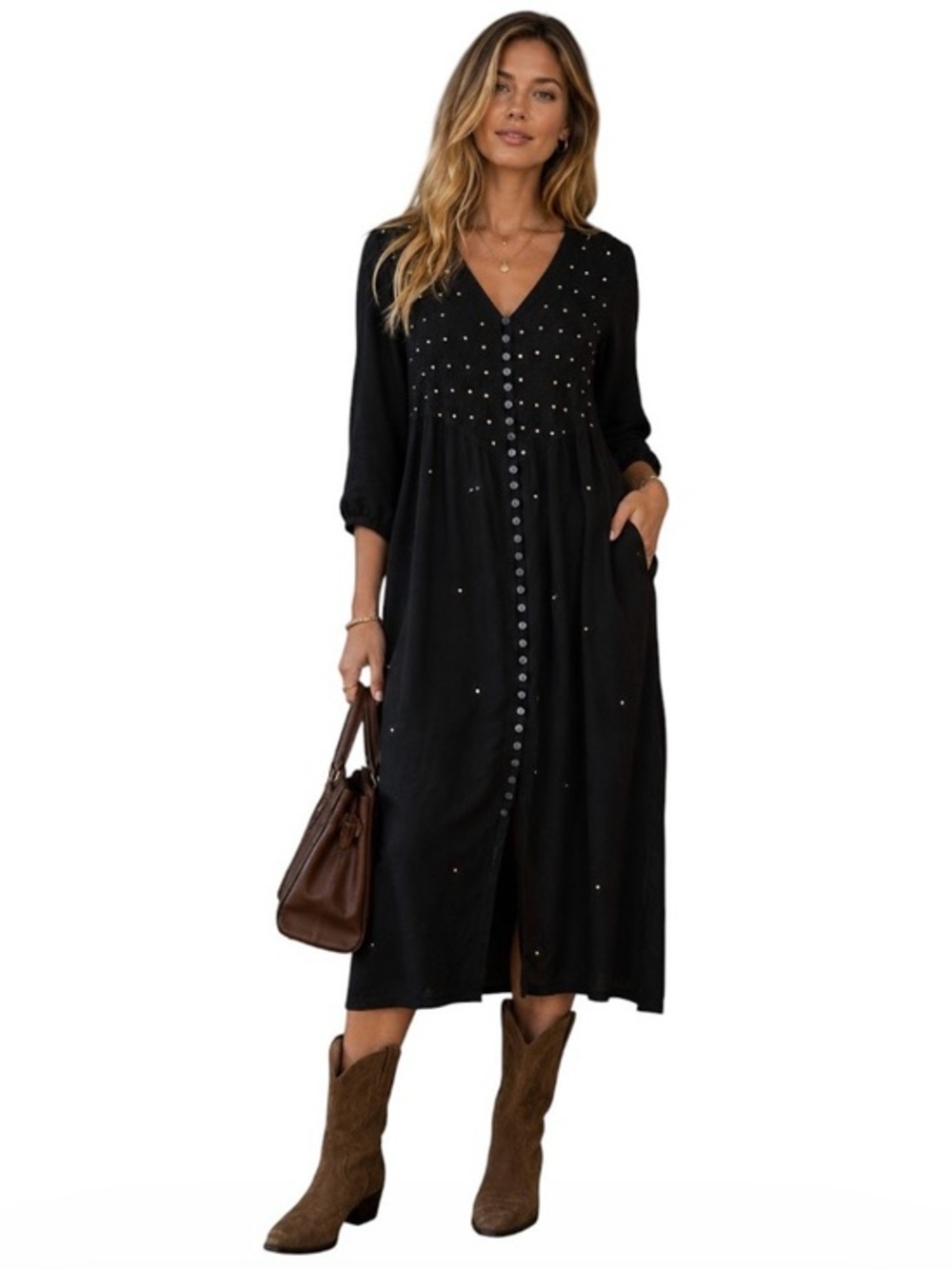 Soft Surroundings Black Embellished Maxi Dress PXL Boho Button Front